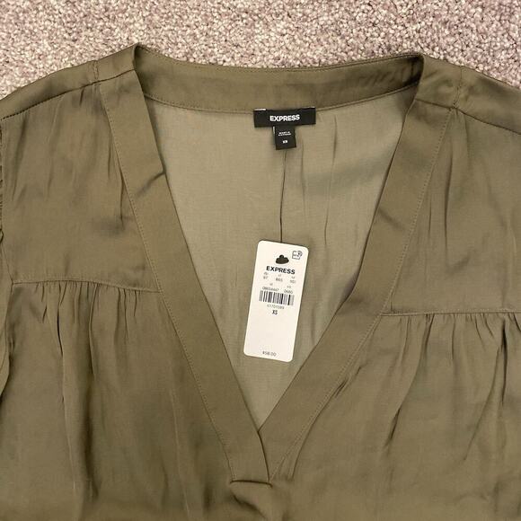 Express Women's Satin V-Neck Cuff Sleeve Top Olive Green Size XS - NWT $58 - Picture 5 of 15